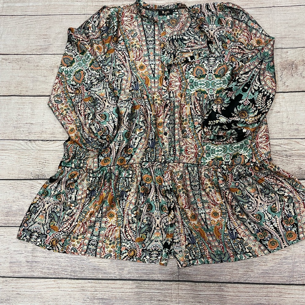 😍 Paisley print Green Black Gold dress long sleeve buttons down front size 2X